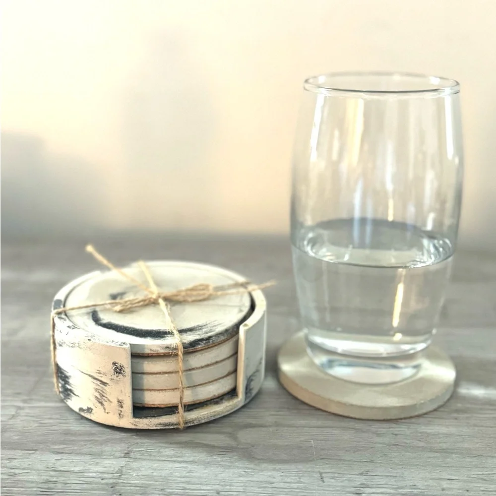 Handmade Marbled Concrete Coasters Set of 4 with holder– Waterproof, Cork-Backed